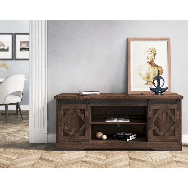Meuble TV blanc de style rustique avec portes coulissantes façon grange, lumières bleues/colorées, convient aux téléviseurs jusqu'à 65 pouces
