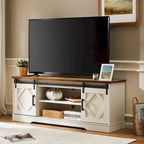 Meuble TV blanc de style rustique avec portes coulissantes façon grange, lumières bleues/colorées, convient aux téléviseurs jusqu'à 65 pouces