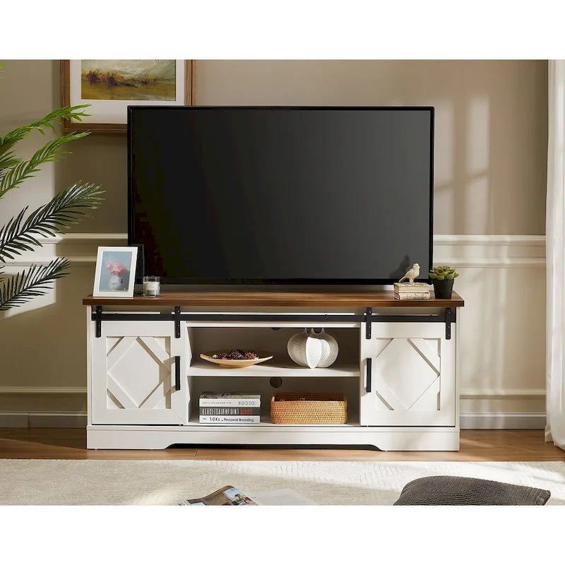 Meuble TV blanc de style rustique avec portes coulissantes façon grange, lumières bleues/colorées, convient aux téléviseurs jusqu'à 65 pouces