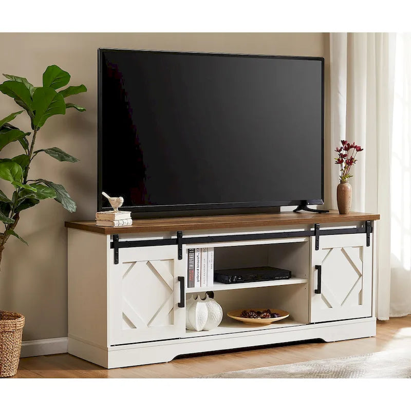 Meuble TV blanc de style rustique avec portes coulissantes façon grange, lumières bleues/colorées, convient aux téléviseurs jusqu'à 65 pouces