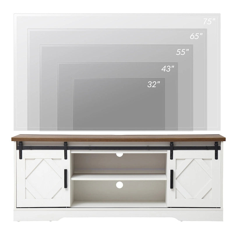 Meuble TV blanc de style rustique avec portes coulissantes façon grange, lumières bleues/colorées, convient aux téléviseurs jusqu'à 65 pouces