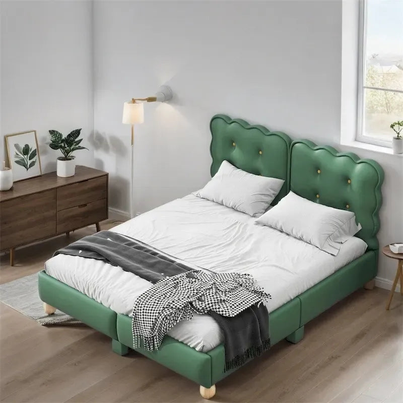 Lit plateforme capitonné vert/beige – Grand lit, 1 personne