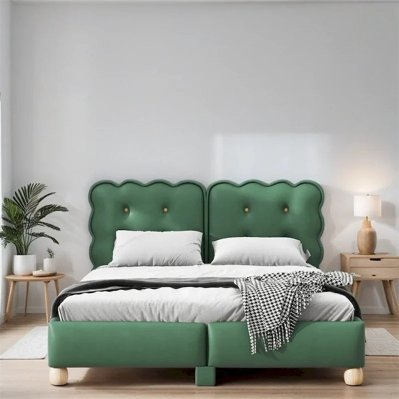 Lit plateforme capitonné vert/beige – Grand lit, 1 personne