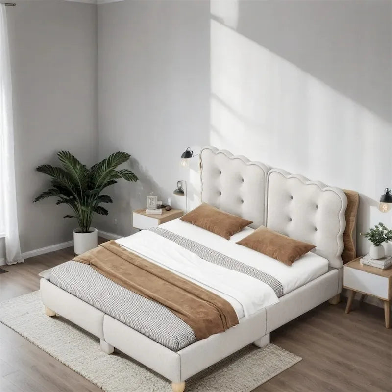 Lit plateforme capitonné vert/beige – Grand lit, 1 personne