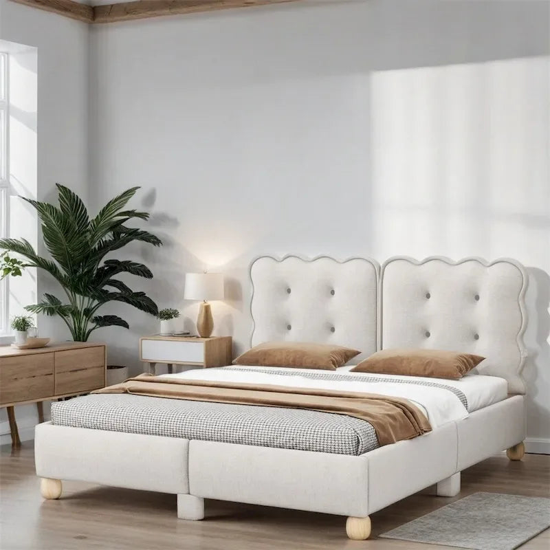 Lit plateforme capitonné vert/beige – Grand lit, 1 personne