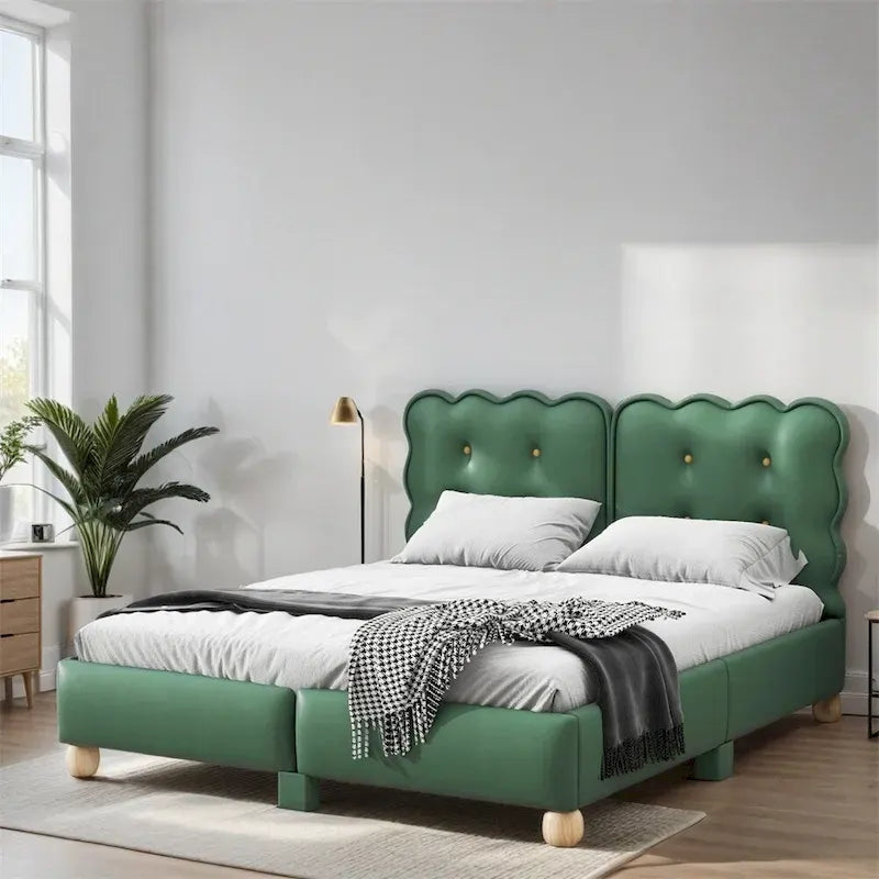 Lit plateforme capitonné vert/beige – Grand lit, 1 personne