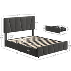 Cadre de lit plateforme en velours gris avec tiroirs de rangement – Grand Lit/Queen, 1 personne