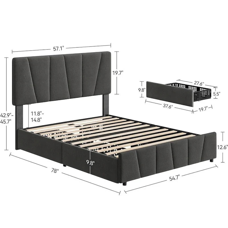 Cadre de lit plateforme en velours gris avec tiroirs de rangement – Grand Lit/Queen, 1 personne