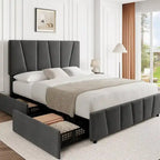 Cadre de lit plateforme en velours gris avec tiroirs de rangement – Grand Lit/Queen, 1 personne