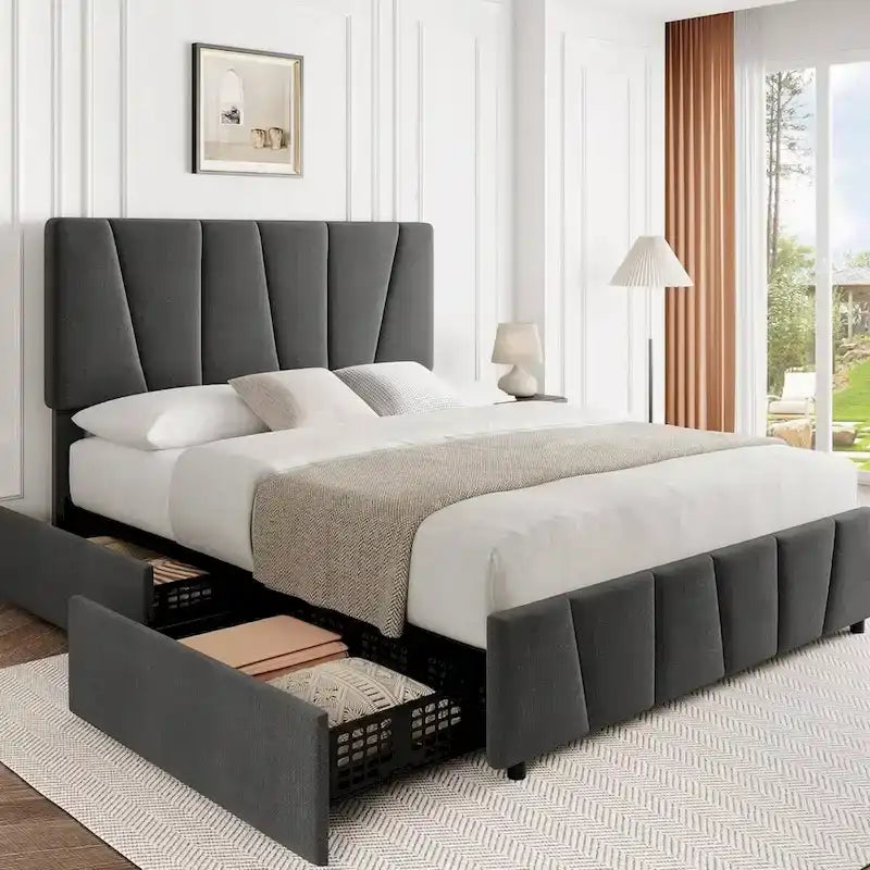 Cadre de lit plateforme en velours gris avec tiroirs de rangement – Grand Lit/Queen, 1 personne