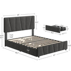 Cadre de lit plateforme en velours gris avec tiroirs de rangement – Grand Lit/Queen, 1 personne