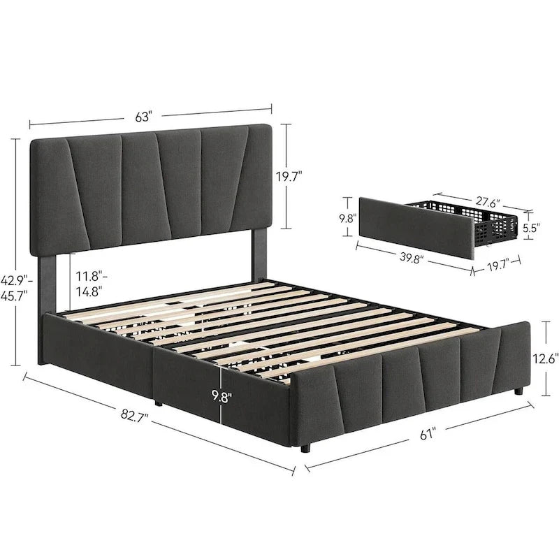 Cadre de lit plateforme en velours gris avec tiroirs de rangement – Grand Lit/Queen, 1 personne