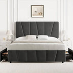 Cadre de lit plateforme en velours gris avec tiroirs de rangement – Grand Lit/Queen, 1 personne
