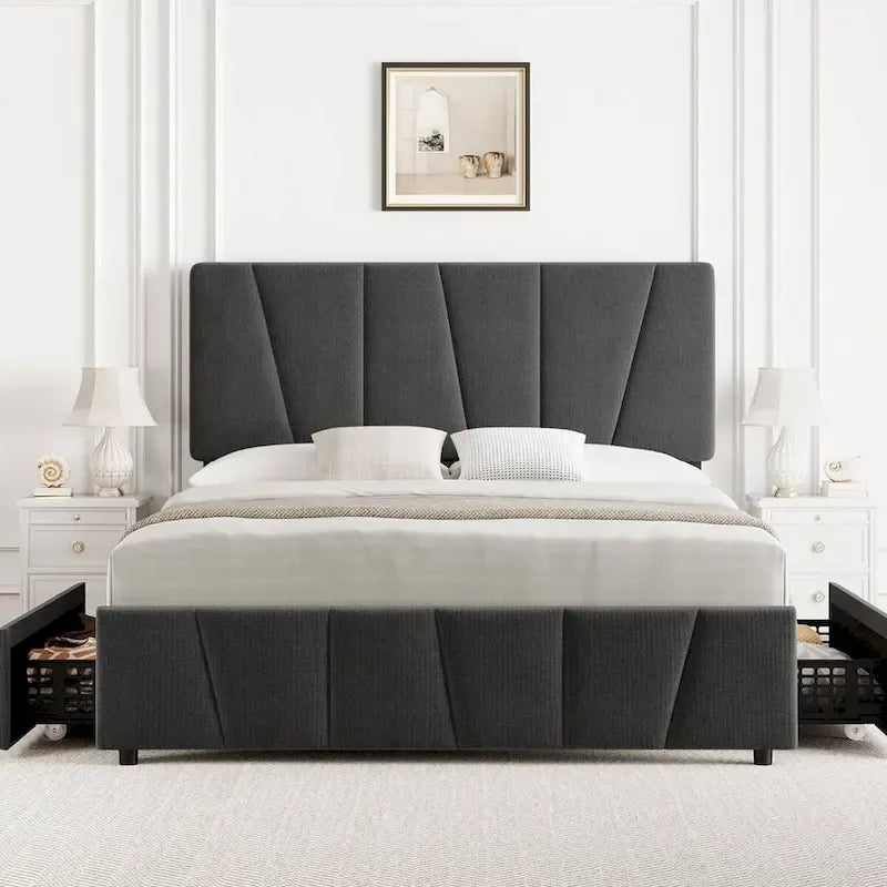 Cadre de lit plateforme en velours gris avec tiroirs de rangement – Grand Lit/Queen, 1 personne