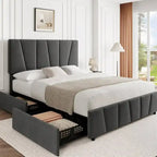 Cadre de lit plateforme en velours gris avec tiroirs de rangement – Grand Lit/Queen, 1 personne