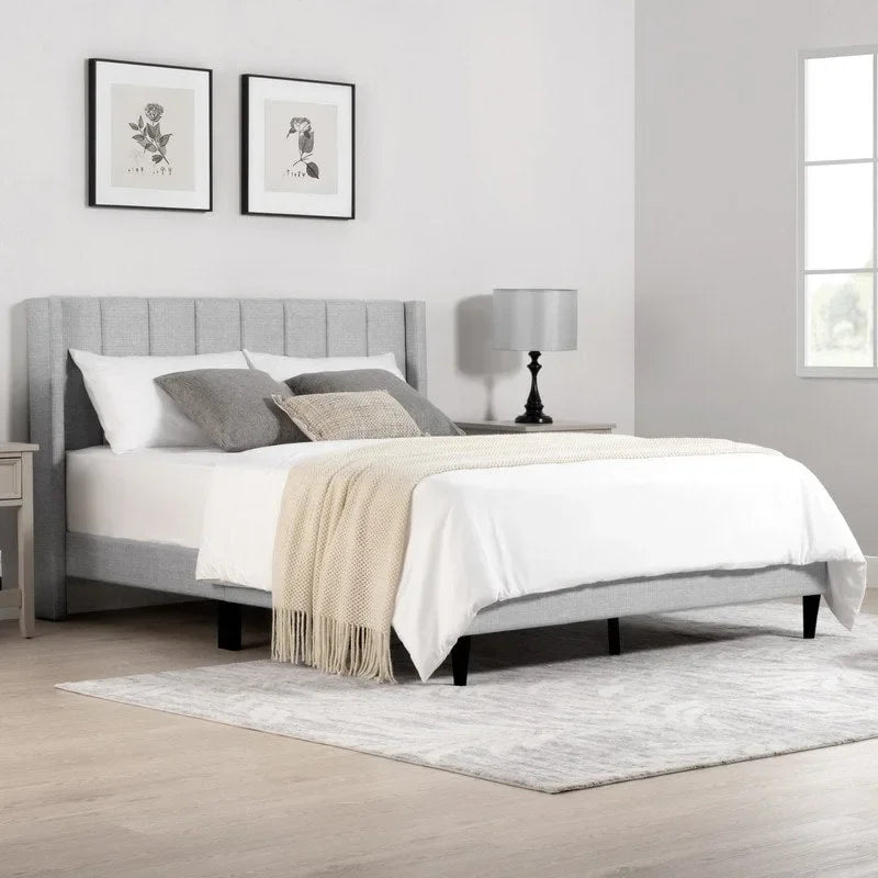 Lit plateforme capitonné en velours bleu/vert/gris avec dossier ailé – Double et grand, pour 2 adultes