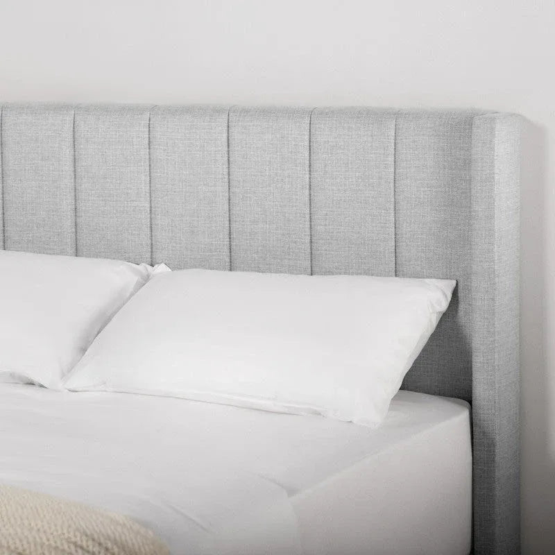 Lit plateforme capitonné en velours bleu/vert/gris avec dossier ailé – Double et grand, pour 2 adultes