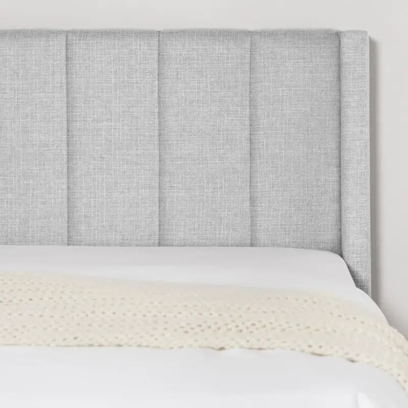 Lit plateforme capitonné en velours bleu/vert/gris avec dossier ailé – Double et grand, pour 2 adultes