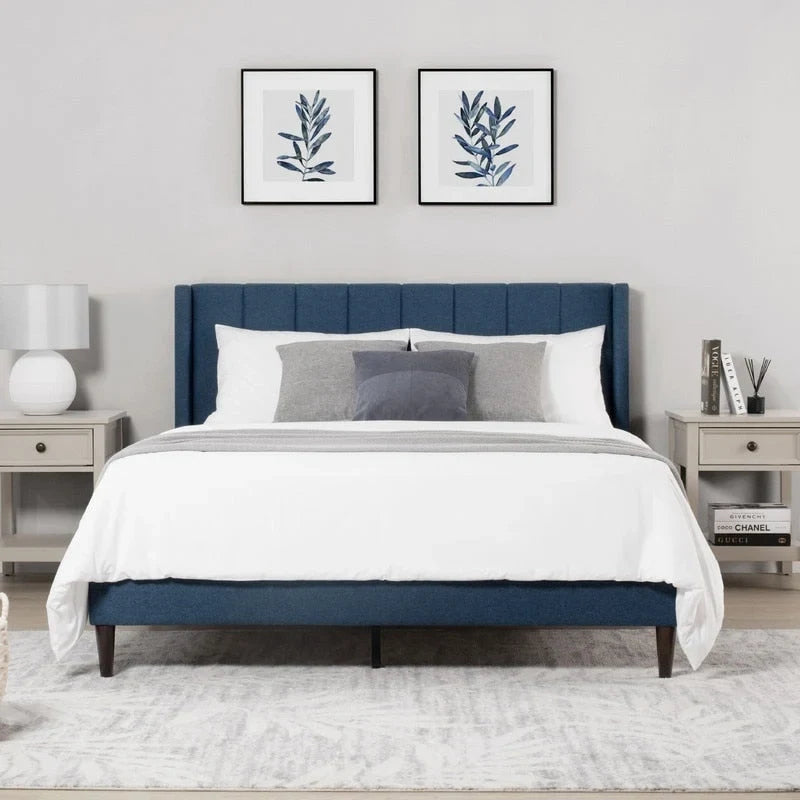 Lit plateforme capitonné en velours bleu/vert/gris avec dossier ailé – Double et grand, pour 2 adultes