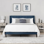 Lit plateforme capitonné en velours bleu/vert/gris avec dossier ailé – Double et grand, pour 2 adultes