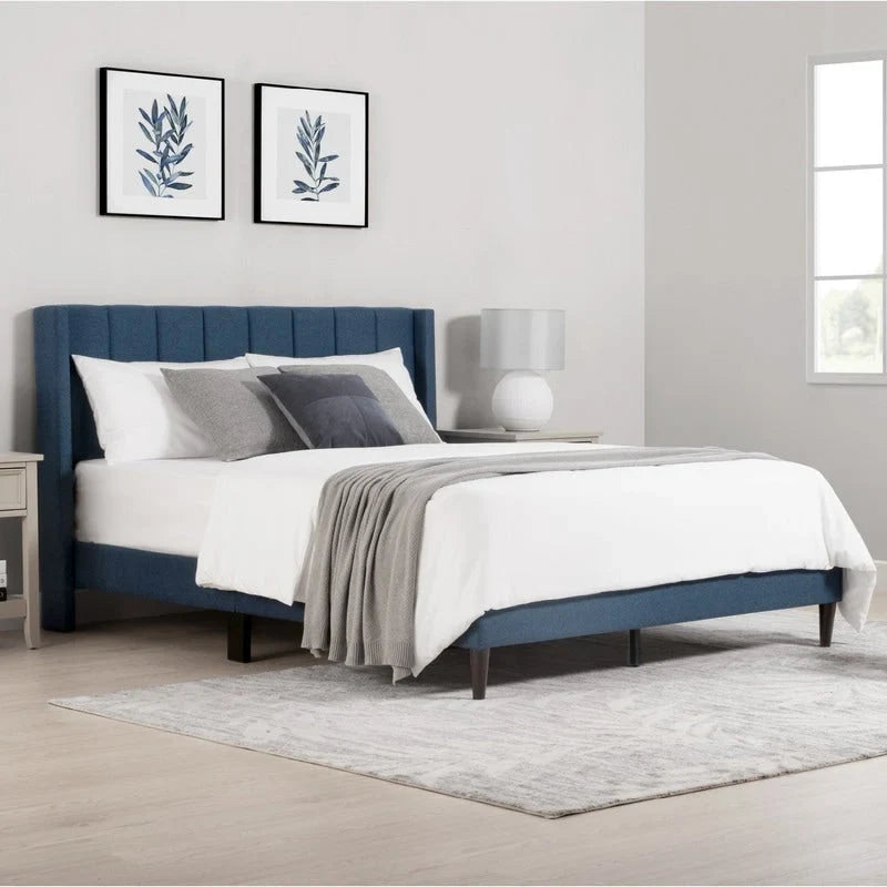 Lit plateforme capitonné en velours bleu/vert/gris avec dossier ailé – Double et grand, pour 2 adultes