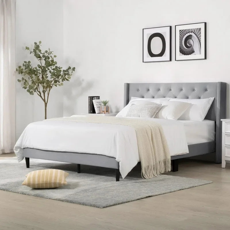 Lit plateforme capitonné en velours bleu/vert/gris avec dossier ailé – Double et grand, pour 2 adultes