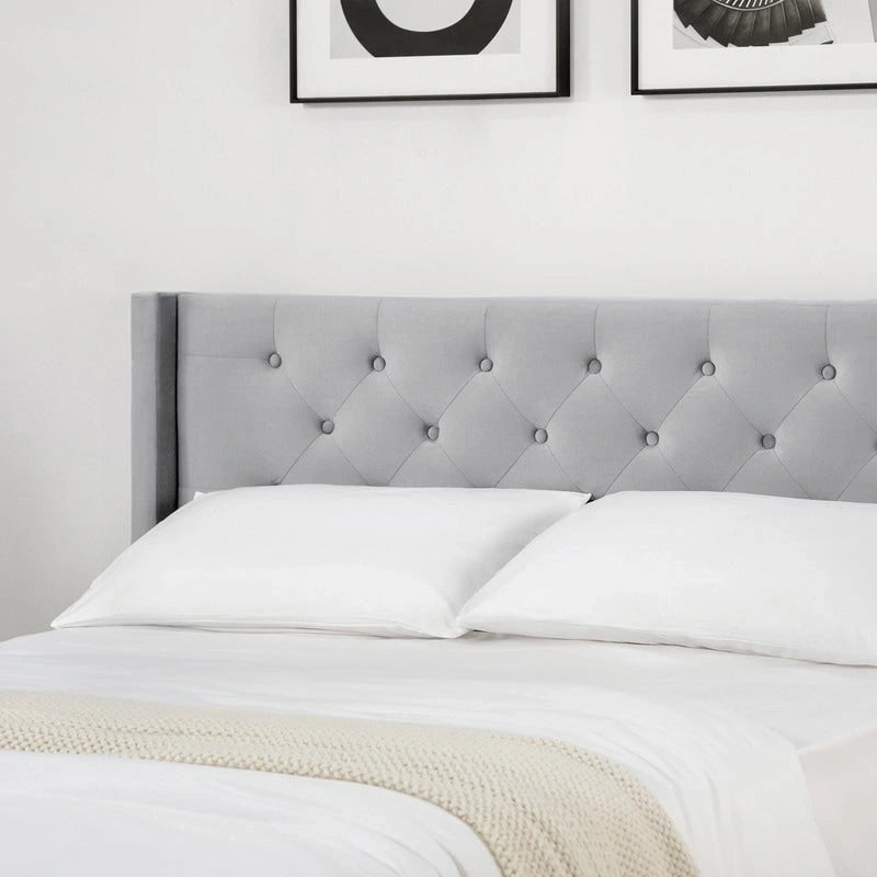 Lit plateforme capitonné en velours bleu/vert/gris avec dossier ailé – Double et grand, pour 2 adultes
