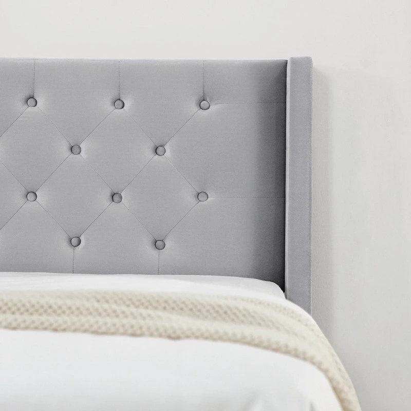 Lit plateforme capitonné en velours bleu/vert/gris avec dossier ailé – Double et grand, pour 2 adultes
