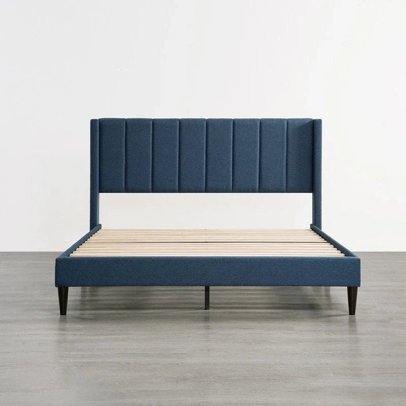 Lit plateforme capitonné en velours bleu/vert/gris avec dossier ailé – Double et grand, pour 2 adultes