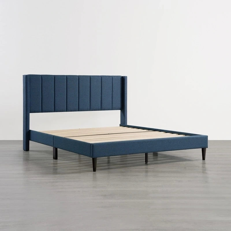 Lit plateforme capitonné en velours bleu/vert/gris avec dossier ailé – Double et grand, pour 2 adultes