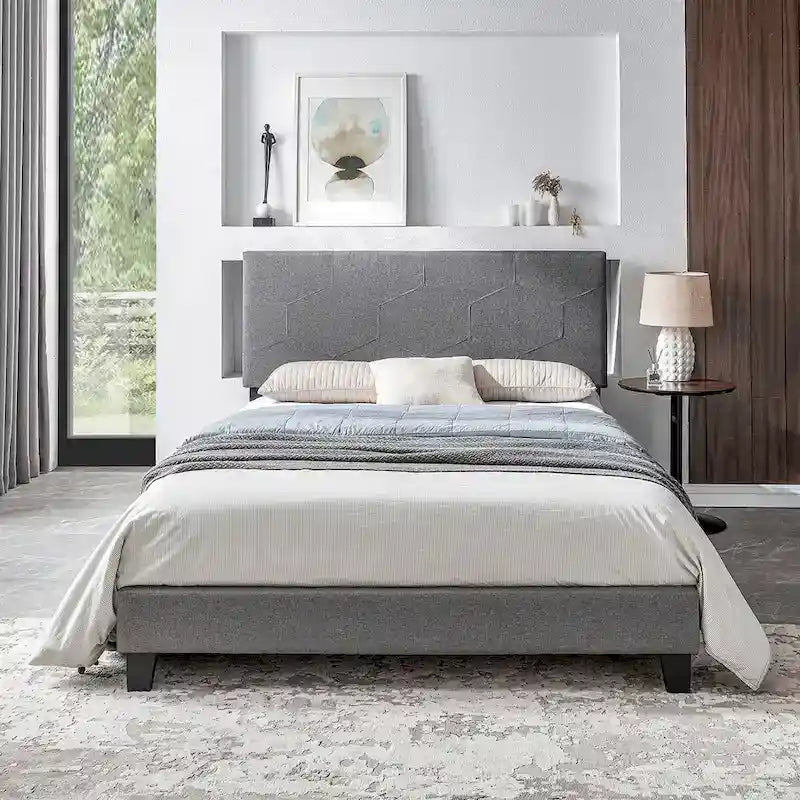 Queen Size Upholstered Platform Bed Frame,Wood Slat Support