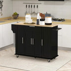Îlot de cuisine roulant noir avec porte-épices et porte-serviettes, 3 armoires