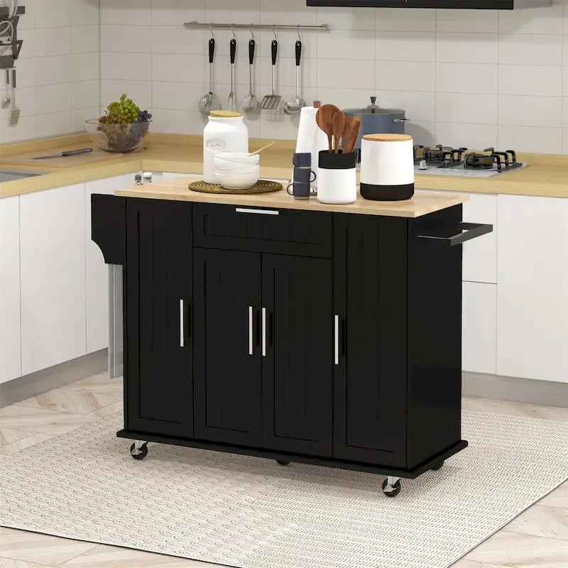 Îlot de cuisine roulant noir avec porte-épices et porte-serviettes, 3 armoires