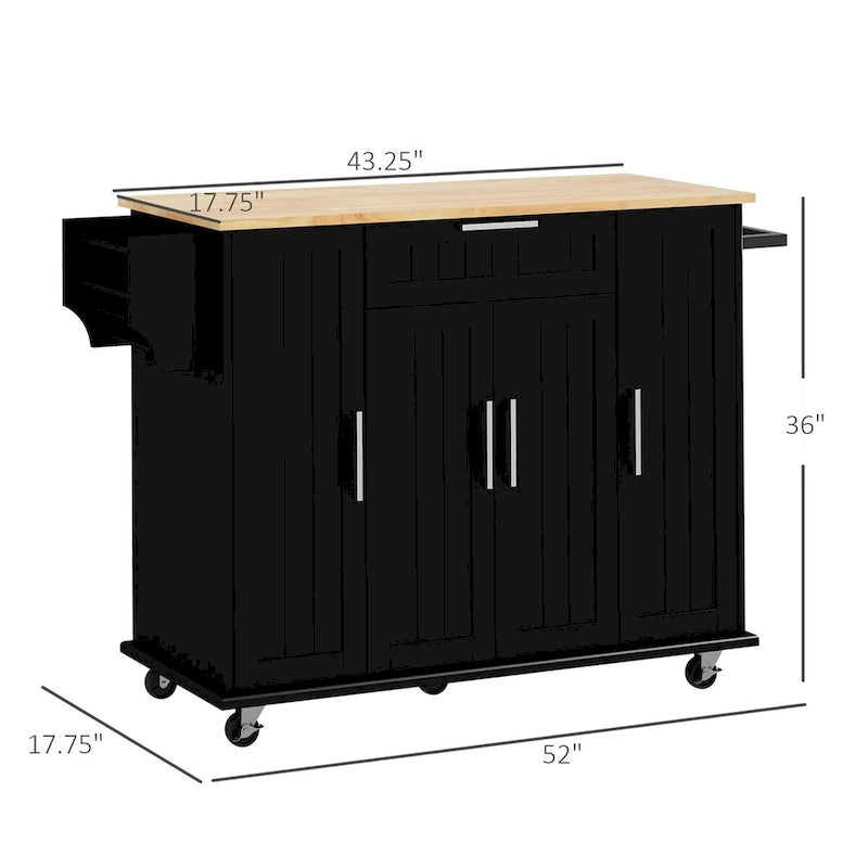 Îlot de cuisine roulant noir avec porte-épices et porte-serviettes, 3 armoires