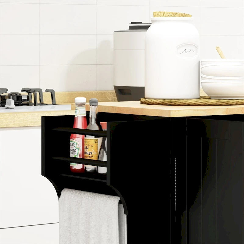 Îlot de cuisine roulant noir avec porte-épices et porte-serviettes, 3 armoires