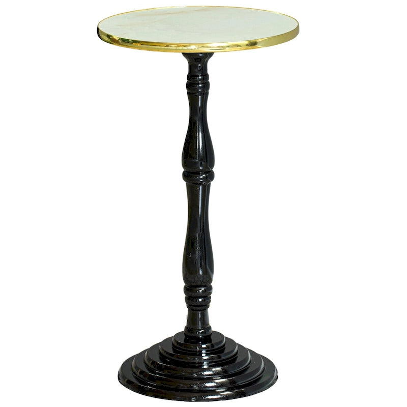 Table d'appoint ronde sur pied, marron/blanc, simple, plateau en marbre avec bordure dorée