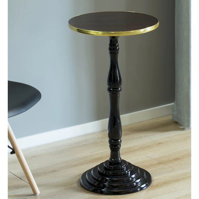 Table d'appoint ronde sur pied, marron/blanc, simple, plateau en marbre avec bordure dorée