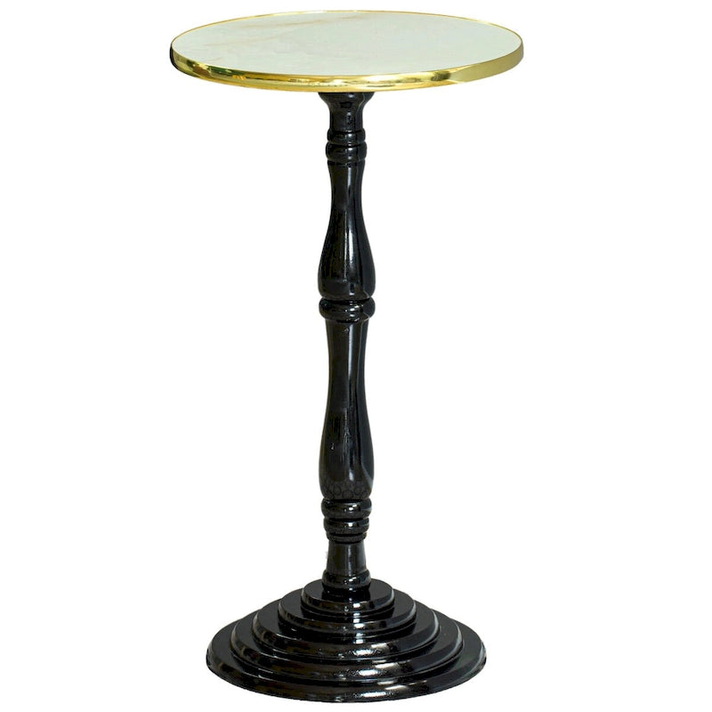 Table d'appoint ronde sur pied, marron/blanc, simple, plateau en marbre avec bordure dorée