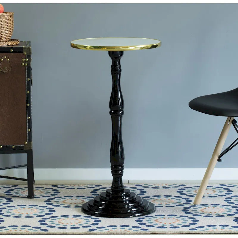Table d'appoint ronde sur pied, marron/blanc, simple, plateau en marbre avec bordure dorée