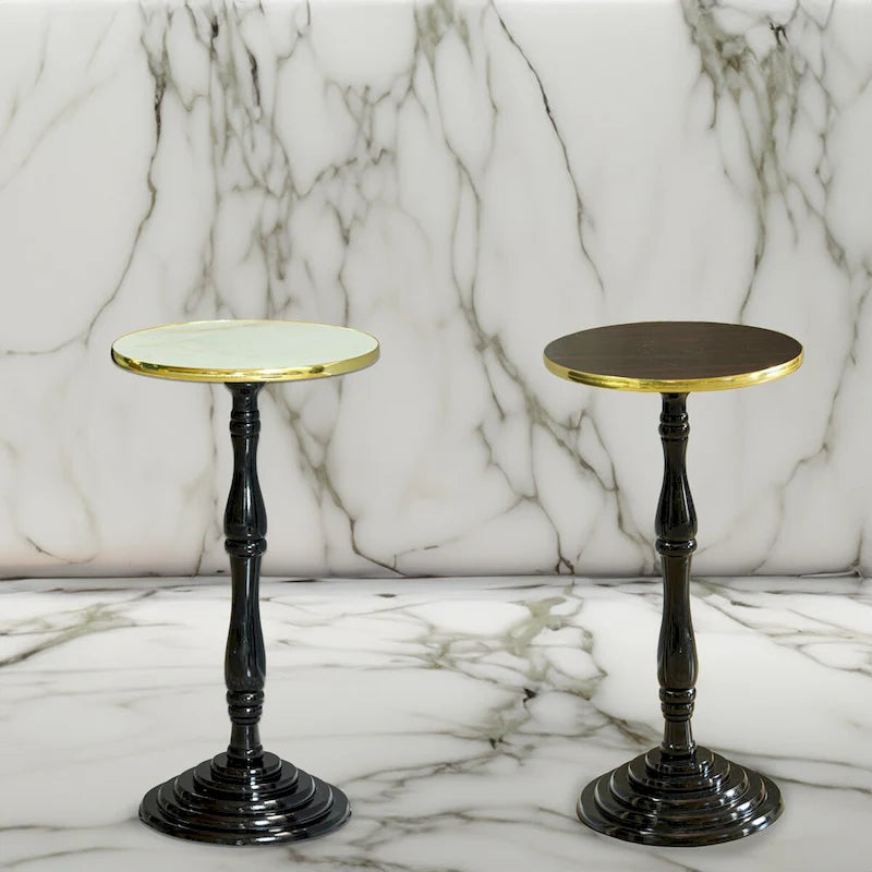 Table d'appoint ronde sur pied, marron/blanc, simple, plateau en marbre avec bordure dorée