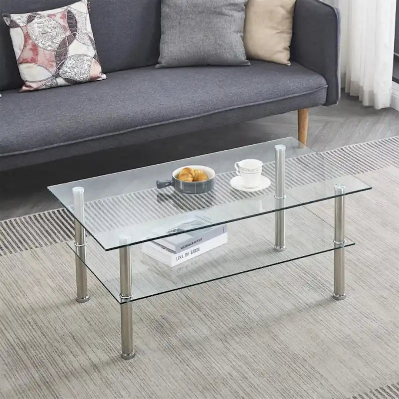 Table basse en verre trempé transparent, style moderne, 2 niveaux