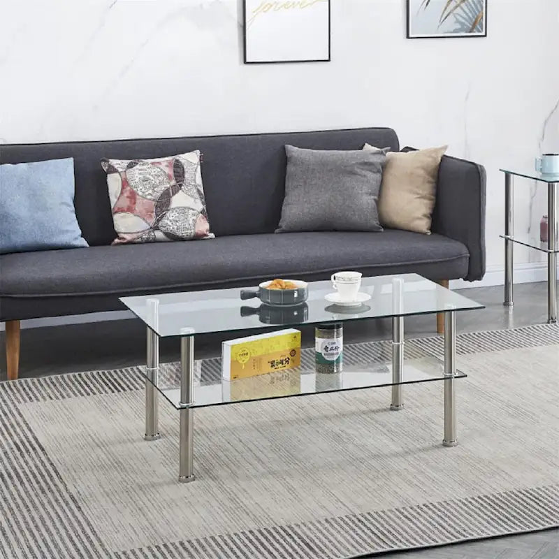 Table basse en verre trempé transparent, style moderne, 2 niveaux