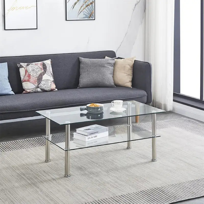Table basse en verre trempé transparent, style moderne, 2 niveaux