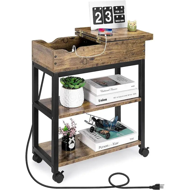 Table d'appoint en bois marron avec ports USB et prises – Style industriel, 1 personne