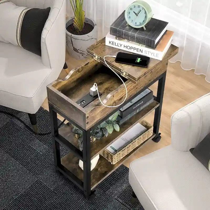 Table d'appoint en bois marron avec ports USB et prises – Style industriel, 1 personne