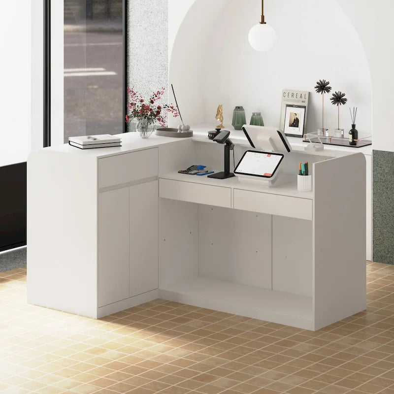Bureau de réception en L, blanc, 1 personne