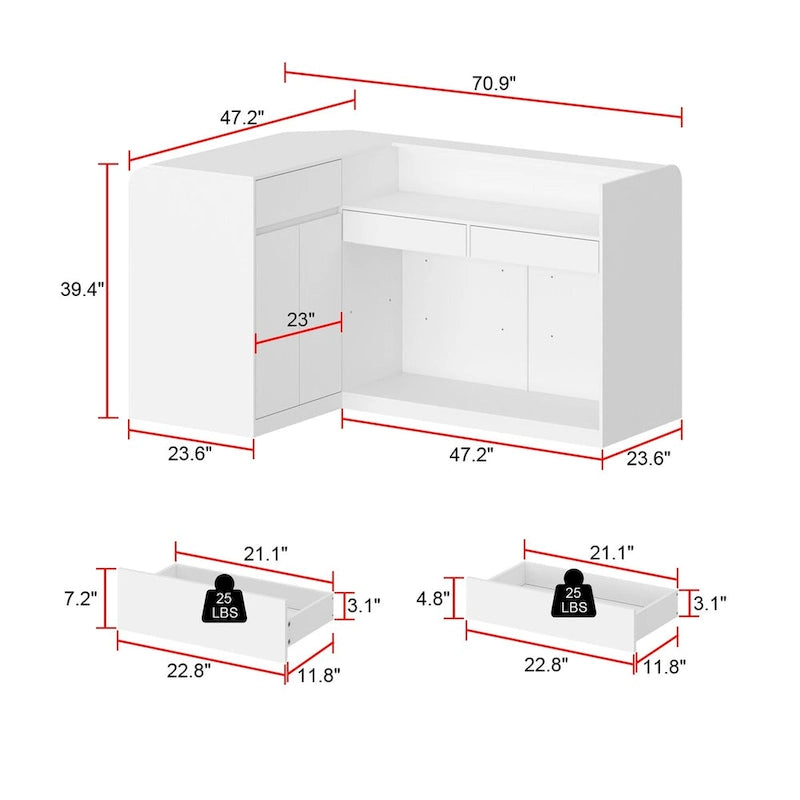 Bureau de réception en L, blanc, 1 personne