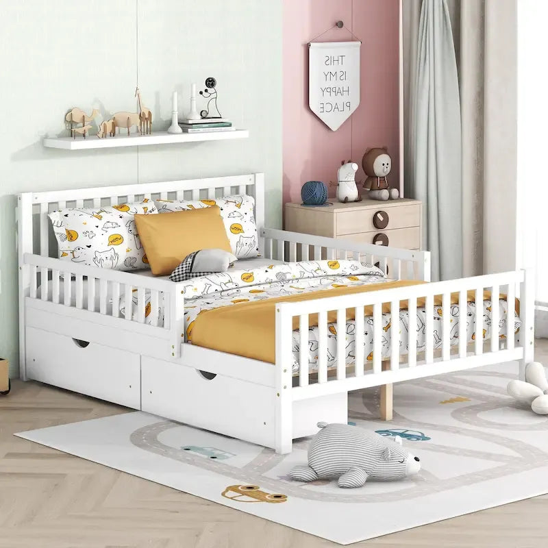 Lit plateforme grandeur nature blanc/rose avec barrières de sécurité et tiroirs de rangement — 1 personne