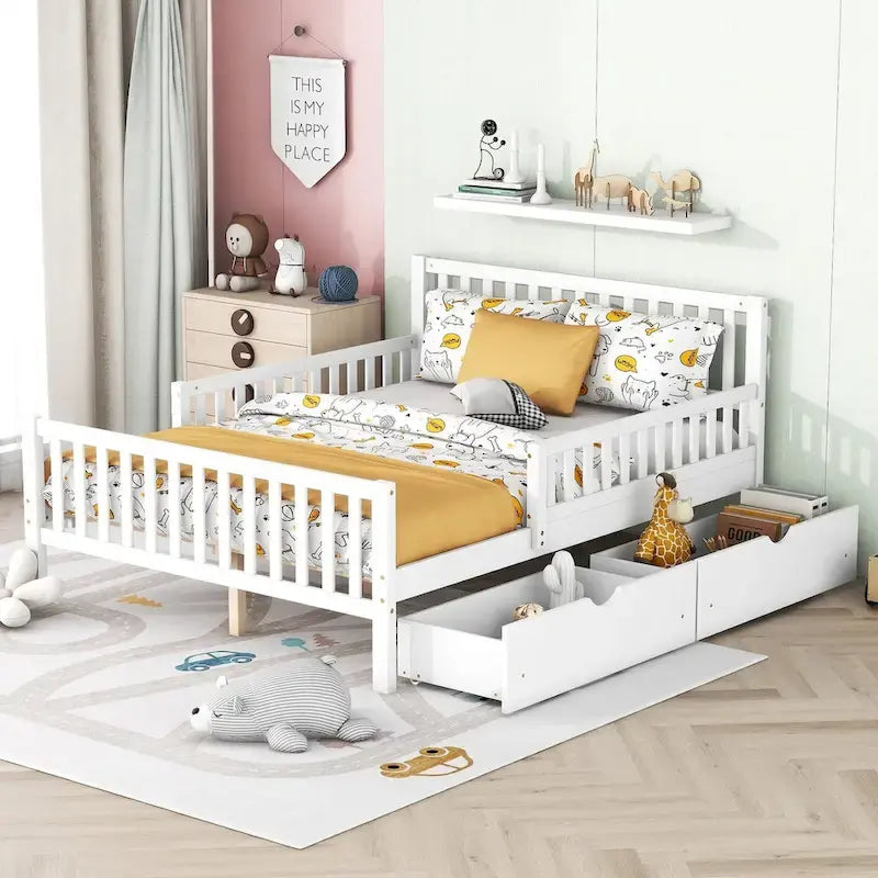 Lit plateforme grandeur nature blanc/rose avec barrières de sécurité et tiroirs de rangement — 1 personne