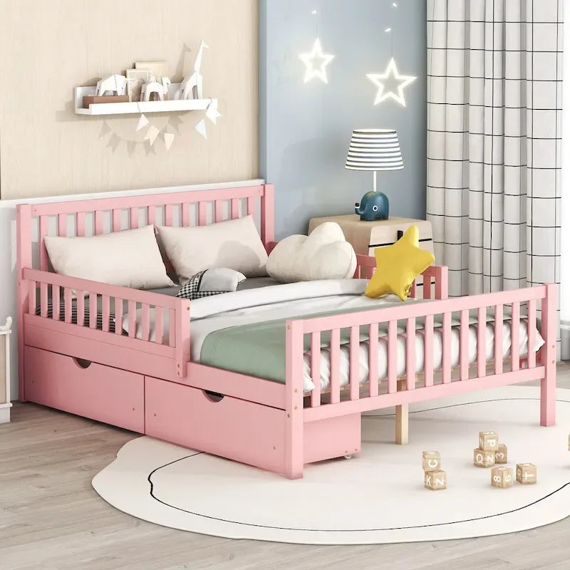 Lit plateforme grandeur nature blanc/rose avec barrières de sécurité et tiroirs de rangement — 1 personne